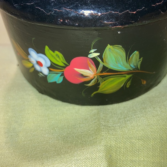 HAND CRAFTED- painted rd trinket box w/lid. Black w/bright flowers.  $25 - Picture 2 of 8